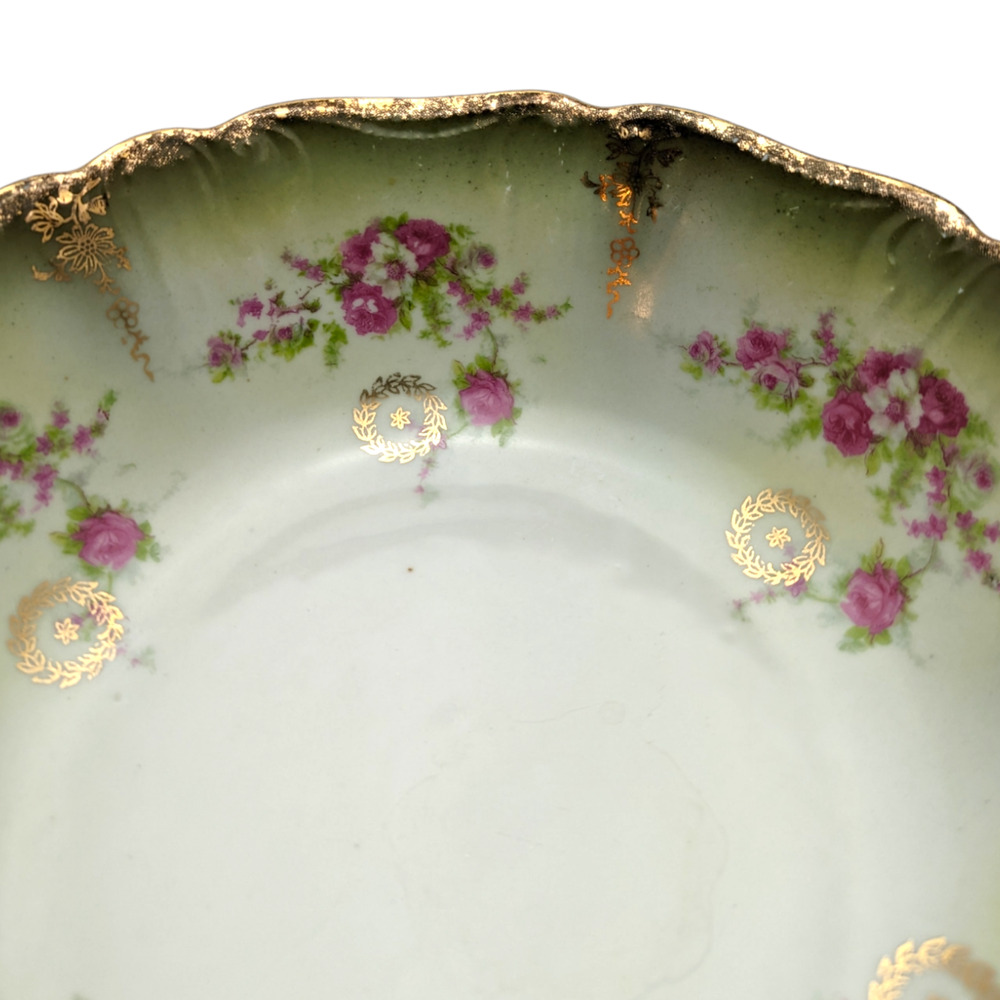 Vintage Serving Bowl Made In Germany Green Hand Painted Pink Roses Gold Gilded - Picture 10 of 12
